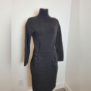 PrettyGarden Midi Dress Black Long Sleeve Pockets Waist Tie Small Minimalist